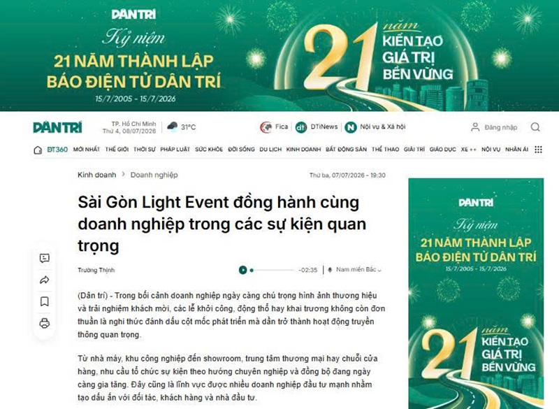Báo Dân Trí nhắc đến Sài Gòn Light Event trong vai trò đồng hành cùng doanh nghiệp tại các sự kiện quan trọng. bao-dan-tri-viet-ve-sai-gon-light-event