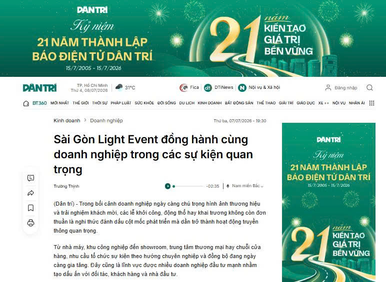 SÀI GÒN LIGHT EVENT ĐƯỢC BÁO DÂN TRÍ ĐƯA TIN VỀ NĂNG LỰC ĐỒNG HÀNH CÙNG SỰ KIỆN DOANH NGHIỆP